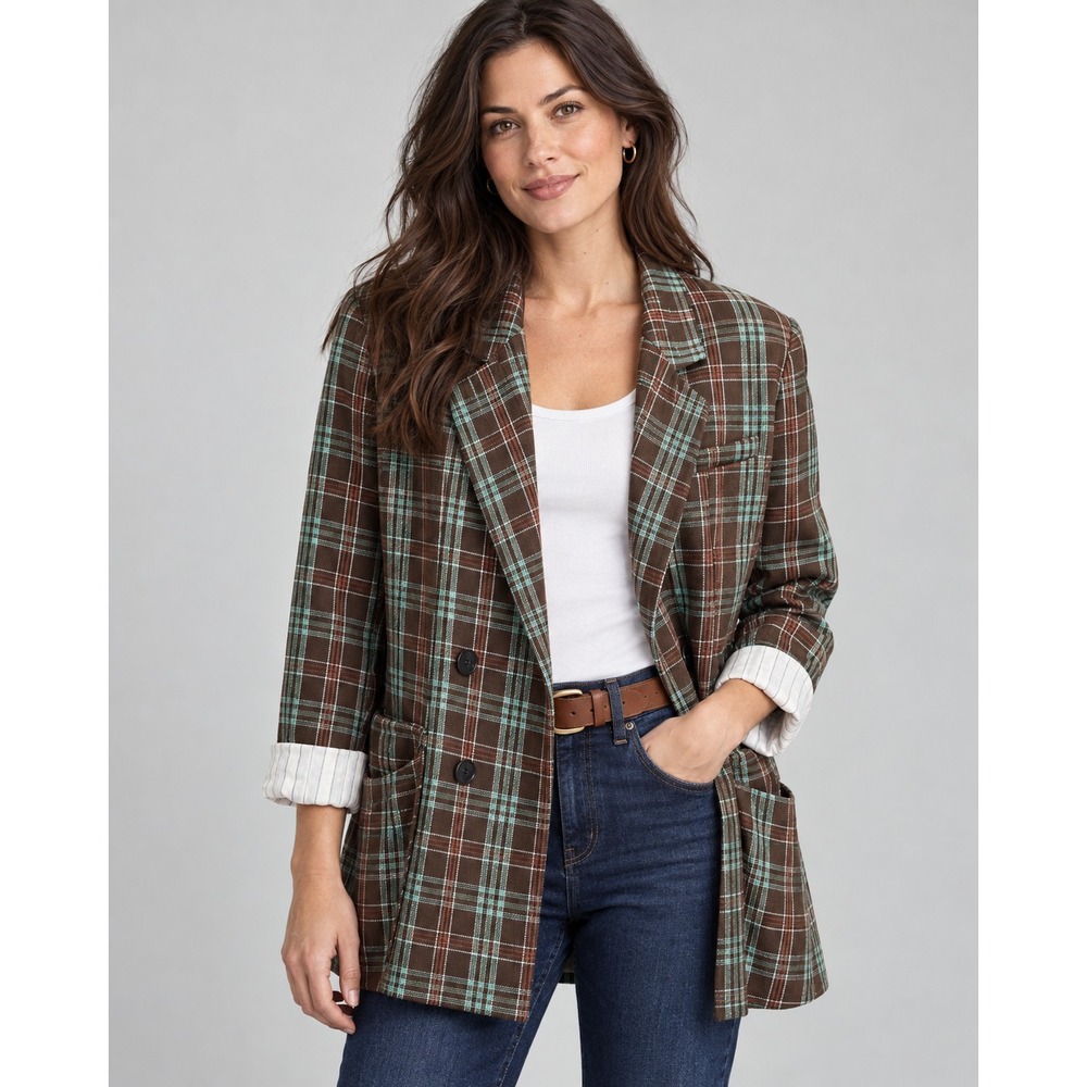 Anthropologie Maeve Plaid Double Breasted Blazer Size 12 Brown Preppy